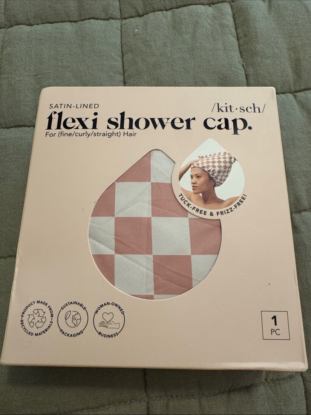 Kitsch Satin-Lined Flexi Shower Cap - Pink & White Check